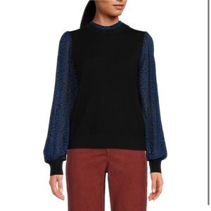 NWT Black Crewneck Sweater with Blue Leopard Ruffle at Neck and Puff Sleeves